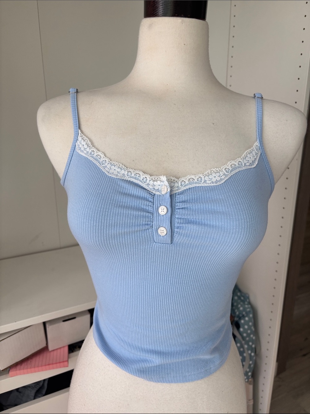 Edikted Light Blue Ribbed Lace-Trim Camisole